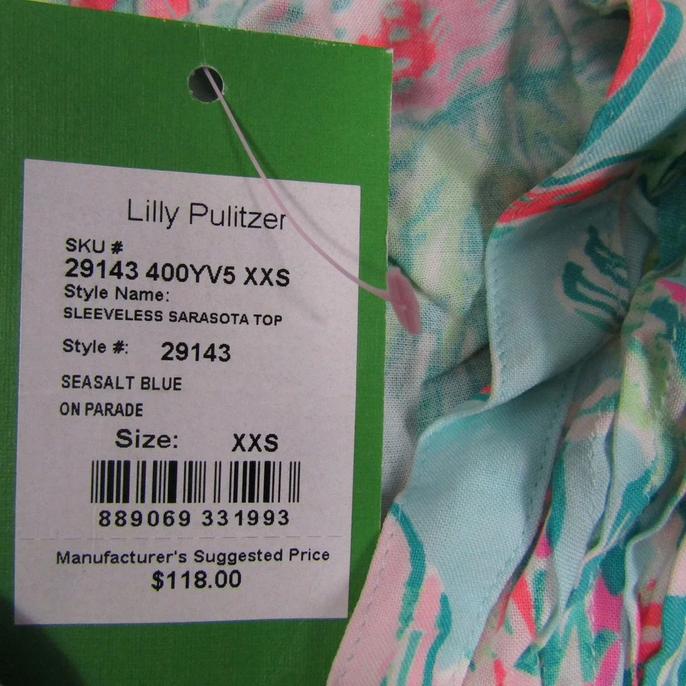Lilly Pulitzer Sarasota Top Women XXS Seasalt Blue On Parade Sleeveless 29143